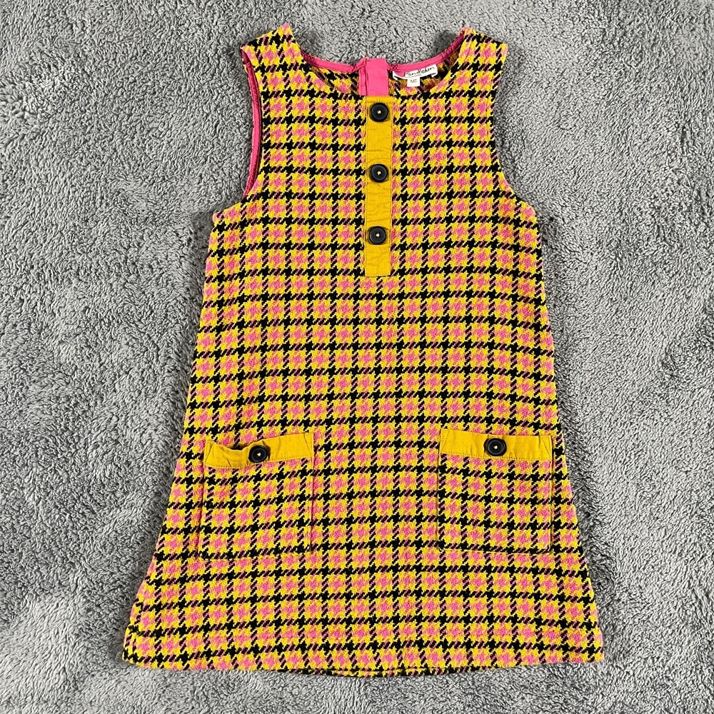 Mini Boden Dress Girls 5-6Y Yellow Black Houndstooth Pinafore Pocket Back Zip
